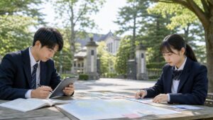 三養基高校を志望し地域課題研究と五教科の学習計画を相談する中学生二人