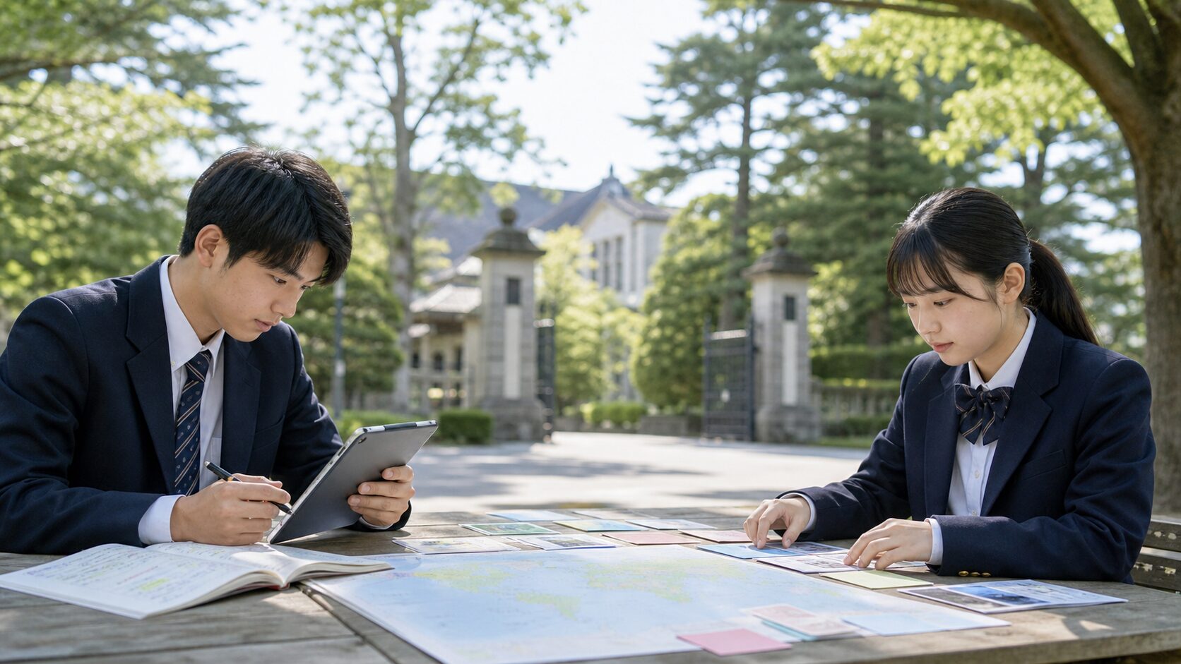 三養基高校を志望し地域課題研究と五教科の学習計画を相談する中学生二人