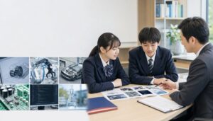 六つの工業分野の資料を見ながら進路相談をする男女の中学生と指導者