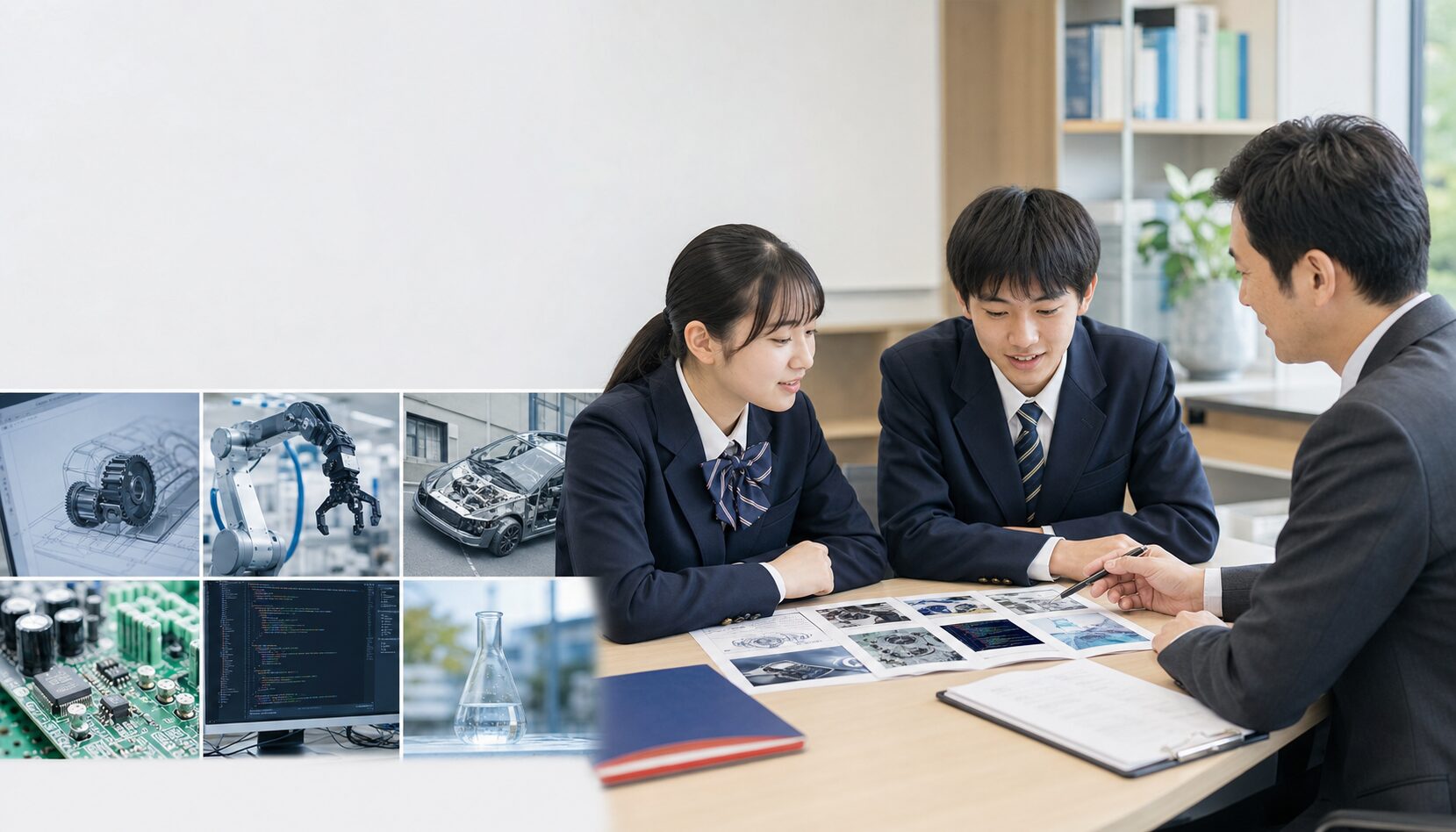 六つの工業分野の資料を見ながら進路相談をする男女の中学生と指導者
