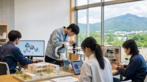 那須清峰高校の令和9年度入試ガイド。那須の山を望む専門実習室で、ロボット、CAD、電気回路、建築模型、ビジネス分析を学ぶ高校生