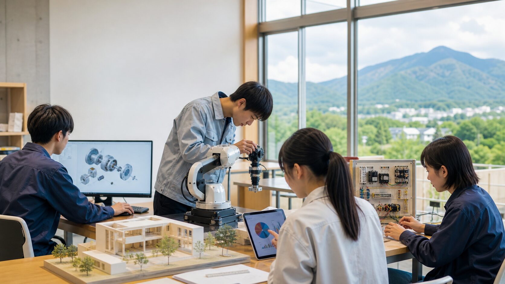那須清峰高校の令和9年度入試ガイド。那須の山を望む専門実習室で、ロボット、CAD、電気回路、建築模型、ビジネス分析を学ぶ高校生