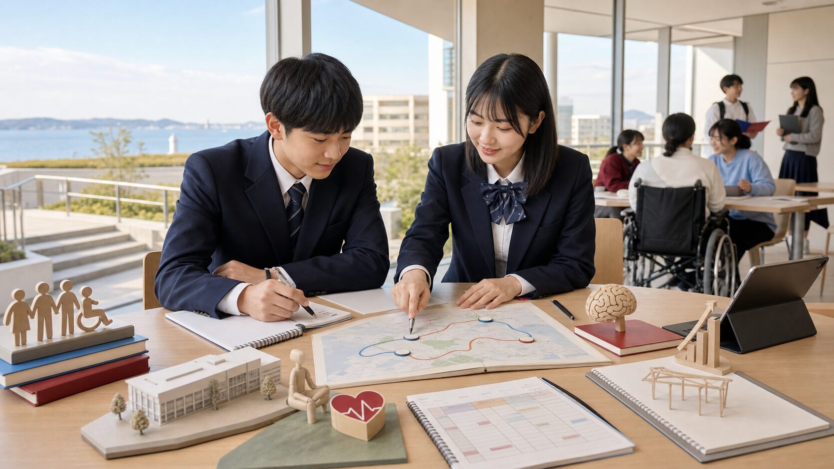 知多半島の大学キャンパスで、日本福祉大学の9学部とAO・推薦・一般・共通テストを比較する二人の高校生