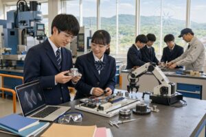 安全な工業実習室で機械・電気・ロボット工学・総合技術の教材と五教科を比較する二人の中学生