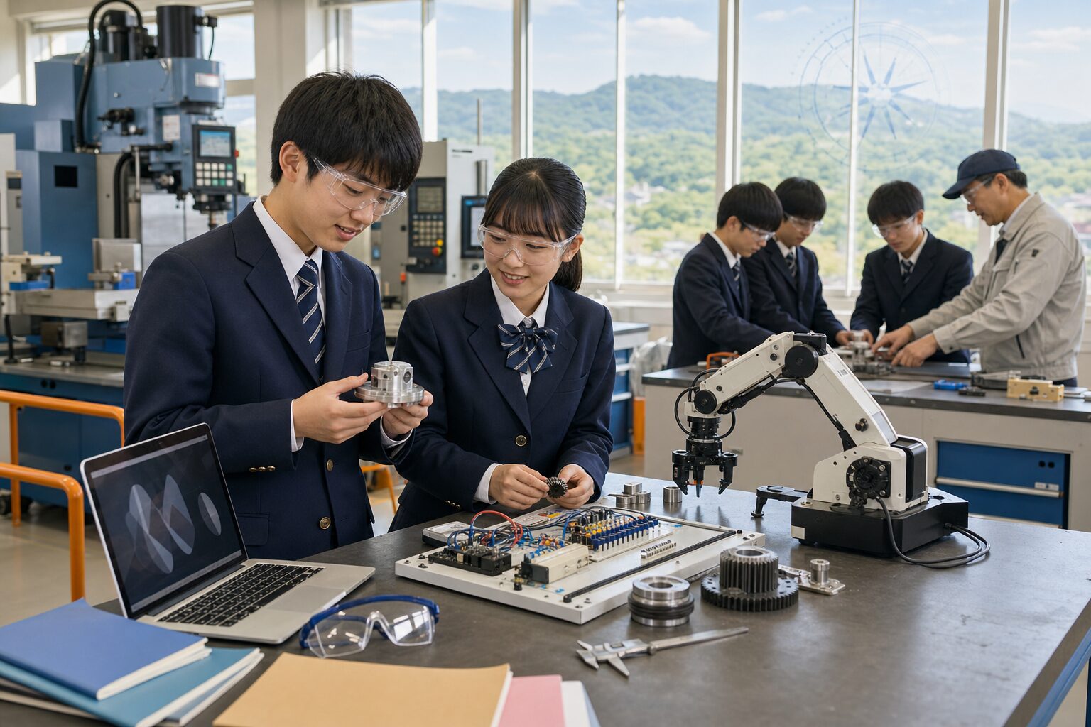 安全な工業実習室で機械・電気・ロボット工学・総合技術の教材と五教科を比較する二人の中学生