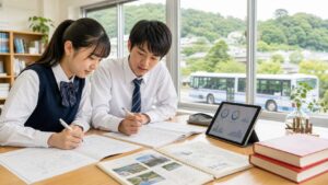 鎌倉の緑と路線バスを望む机で、大船高校の英語・数学・国語と五教科入試を準備する二人の中学生