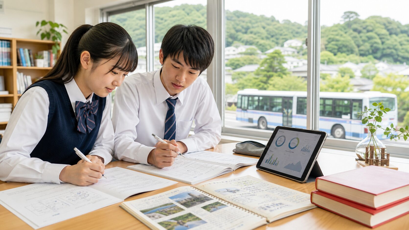 鎌倉の緑と路線バスを望む机で、大船高校の英語・数学・国語と五教科入試を準備する二人の中学生