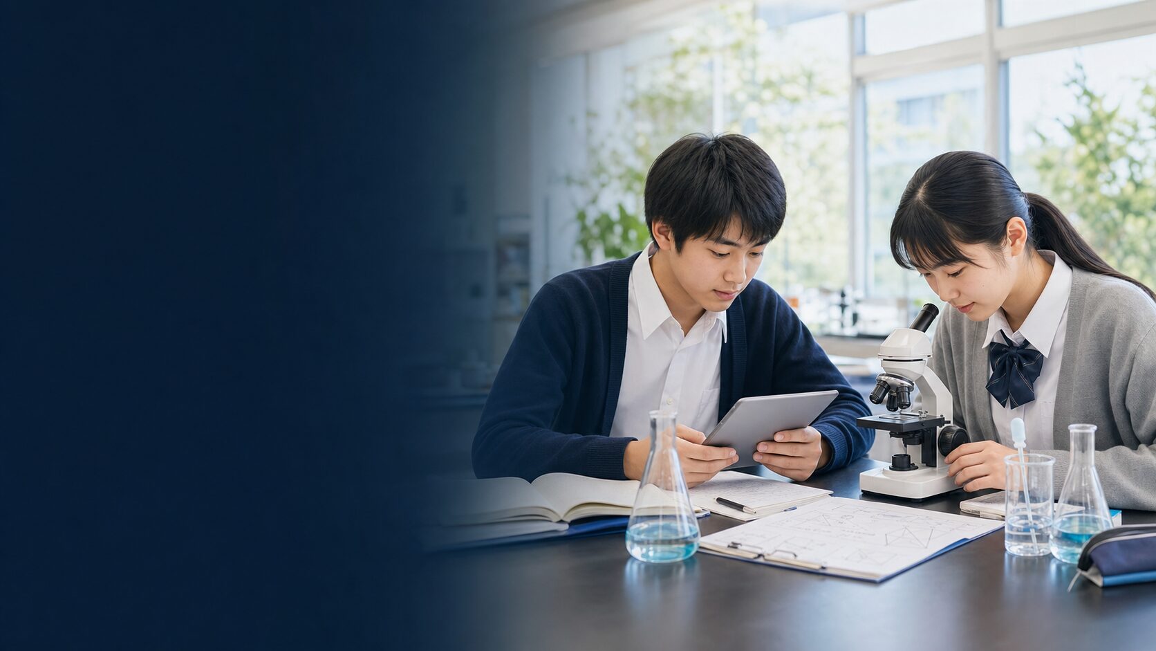 岡崎北高校の普通科と理数科をイメージし、幅広い教科学習と科学探究に取り組む高校生