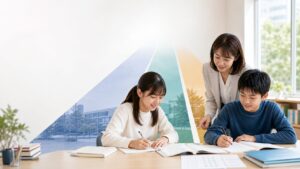 明るい学習室で大阪教育大学附属高校の三校舎を表す三本の進路図を背景に、五教科の入試問題を学ぶ二人の中学生と講師