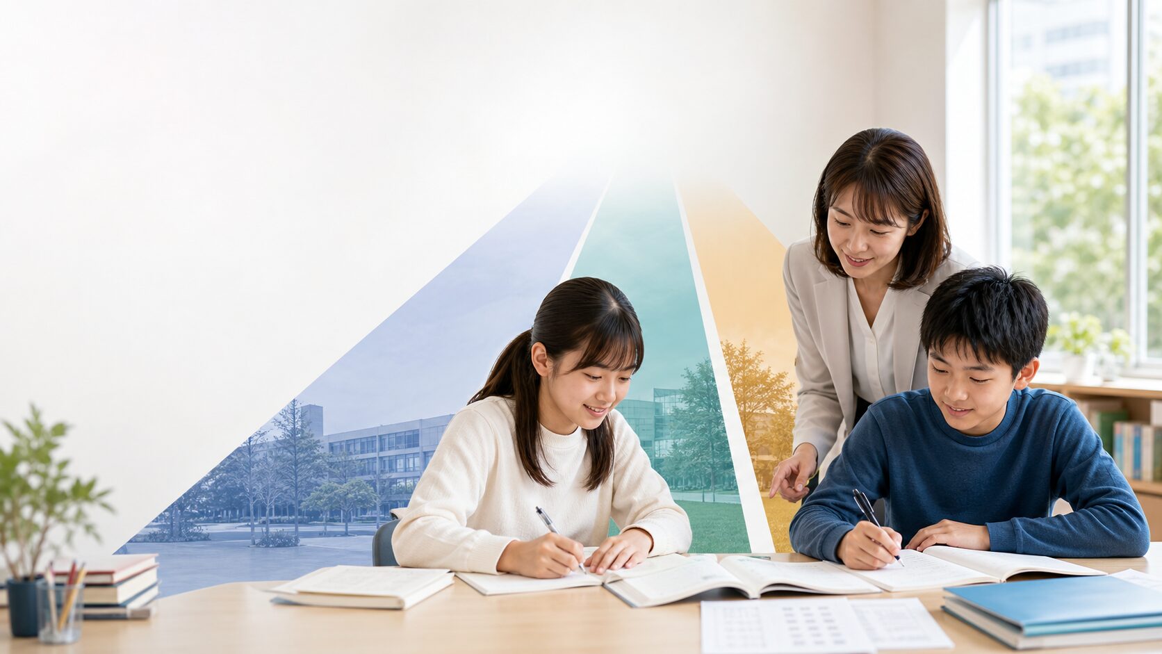 明るい学習室で大阪教育大学附属高校の三校舎を表す三本の進路図を背景に、五教科の入試問題を学ぶ二人の中学生と講師