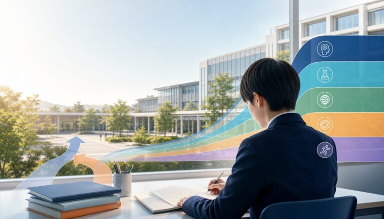 西武台高校の2027年度入試ガイド。緑のある校舎を望む学習室で、受験生が5コースと推薦・一般入試の準備をするイメージ