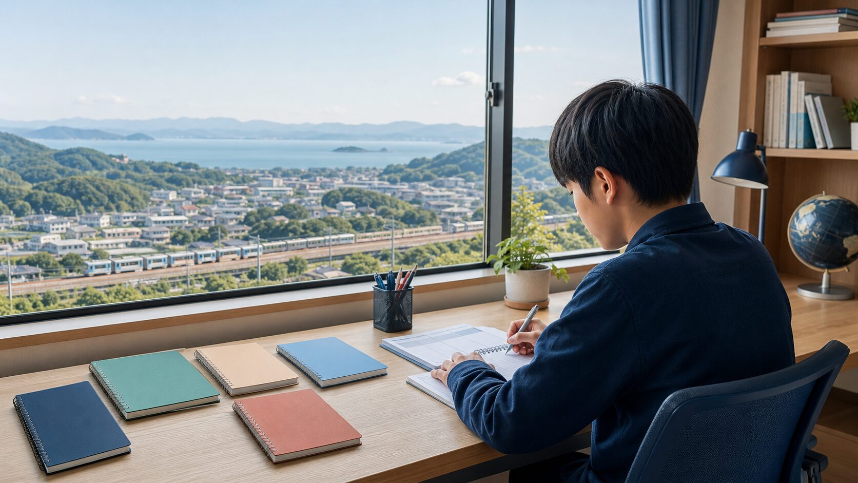 長崎県立西陵高校の2027年度入試ガイド。大村湾と鉄道を望む学習机で、受験生が五教科と週間計画を準備するイメージ