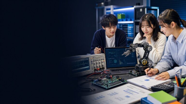 清陵情報高校の4学科をイメージし、電子回路、ロボット、プログラミング、会計データを学ぶ高校生