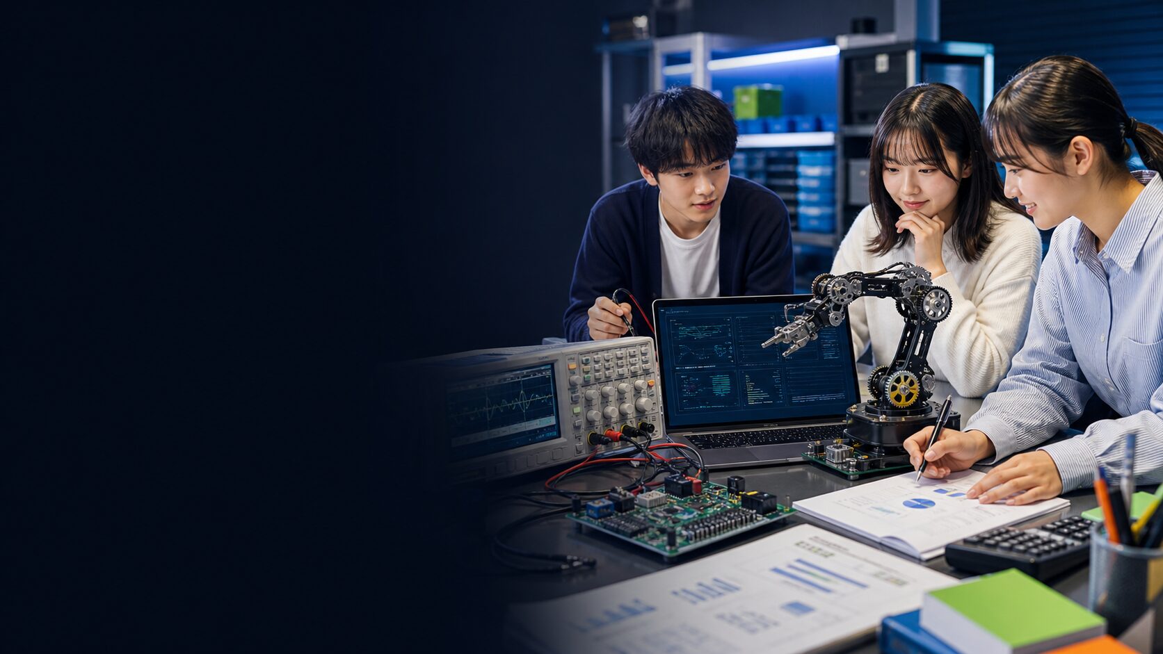 清陵情報高校の4学科をイメージし、電子回路、ロボット、プログラミング、会計データを学ぶ高校生