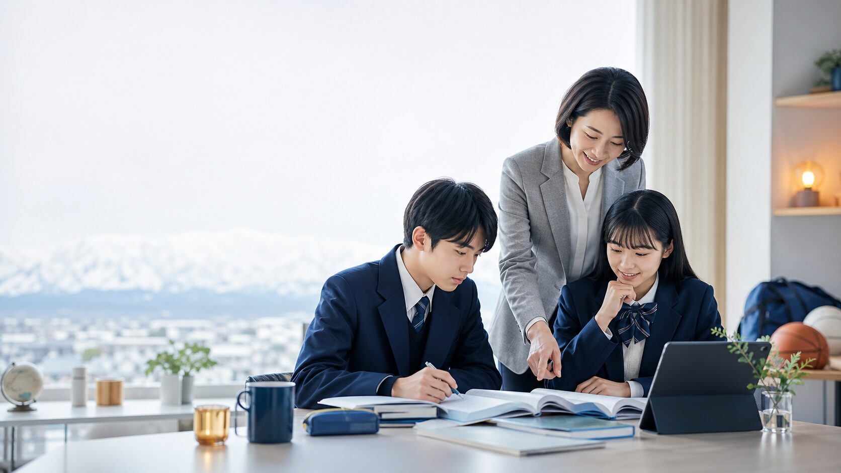 上越の雪山を望む学習室で進学とキャリアの二つの進路を考えながら学ぶ二人の中学生と講師