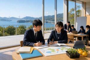 瀬戸内海と柑橘畑を望む学習室で、しまなみ高校大三島キャンパスの総合学科・地域探究・五教科を調べる二人の中学生