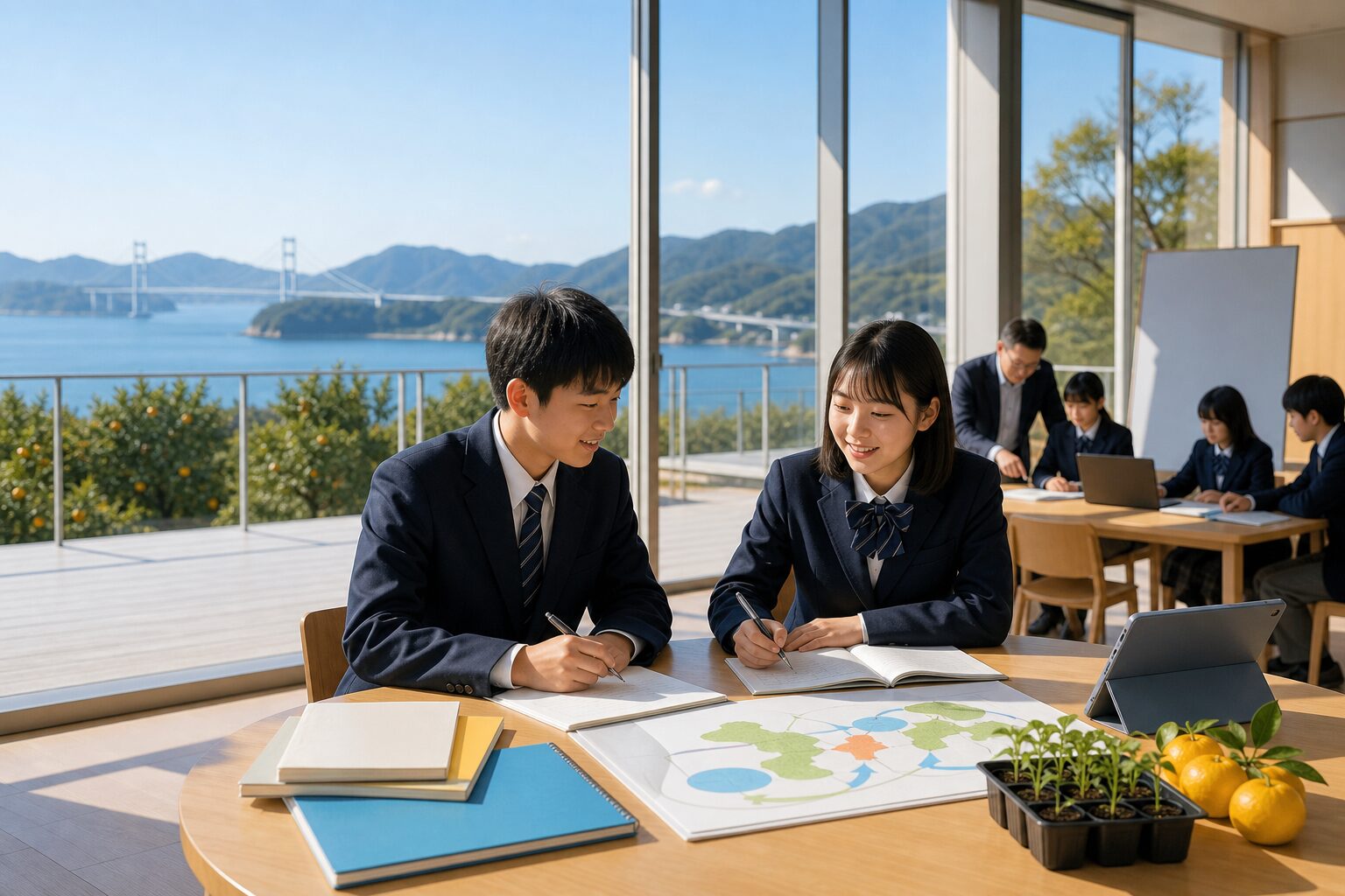 瀬戸内海と柑橘畑を望む学習室で、しまなみ高校大三島キャンパスの総合学科・地域探究・五教科を調べる二人の中学生