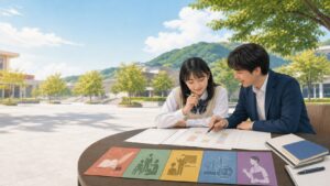 四天王寺大学の2027年度入試に向けて5学部の学習計画を立てる高校生と指導者