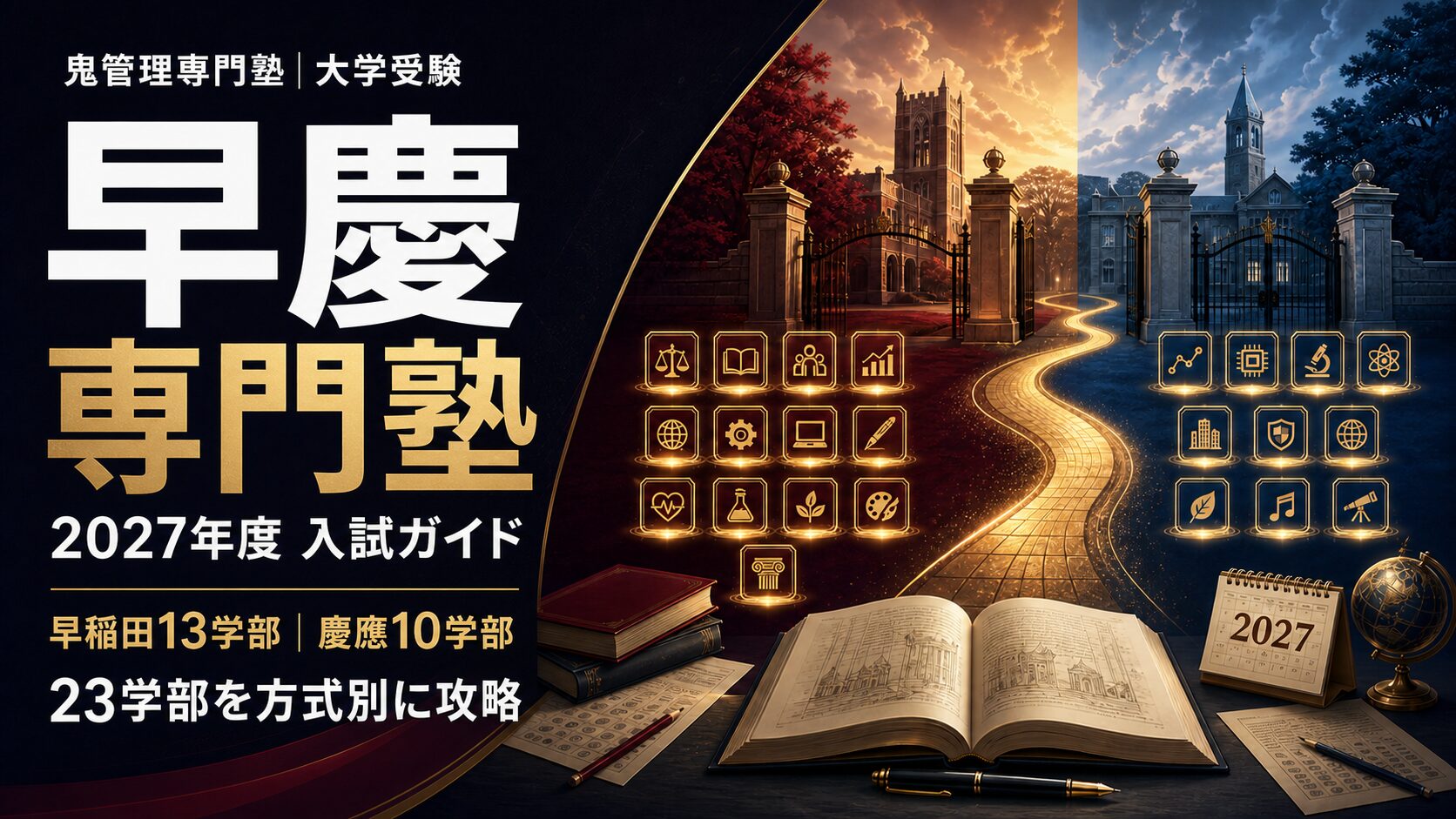 早慶専門塾の2027年度入試ガイド。早稲田大学13学部と慶應義塾大学10学部、合計23学部を方式別に比較