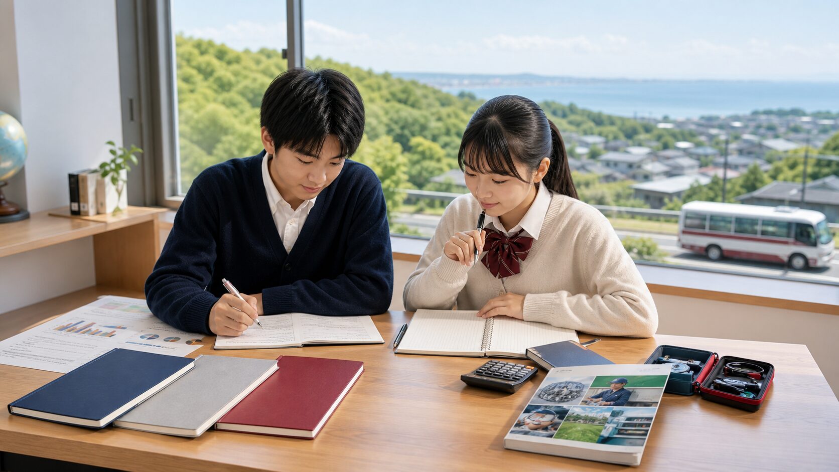 木更津の丘とスクールバスを望む学習室で、拓殖大学紅陵高校の進学トライとアクティブチャレンジを考える二人の中学生