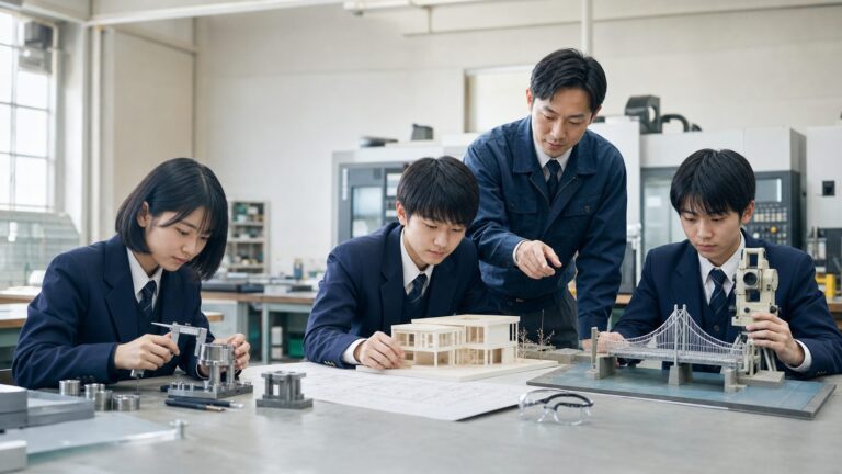 工科高校の実習室で機械部品、建築模型、橋梁模型と測量機器を学ぶ中学生三人と技術講師