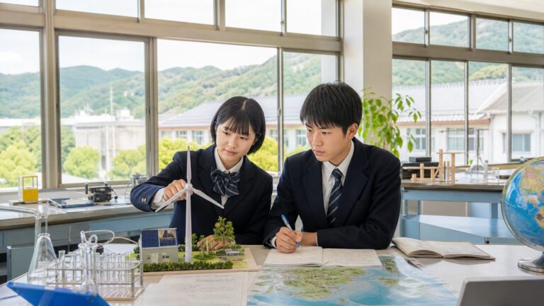 富岡西高校を志望しSSH課題研究と普通科・理数科の五教科学習を相談する中学生二人