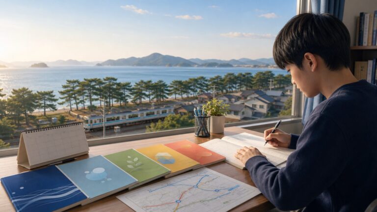 香川県立津田高校の2027年度入試ガイド。瀬戸内海と松林、地域鉄道を望む机で、受験生が五教科と年間予定を準備するイメージ