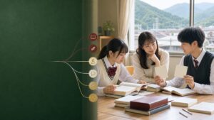 都留文科大学の2027年度入試に向けて人文・語学・教員養成の学習計画を立てる高校生