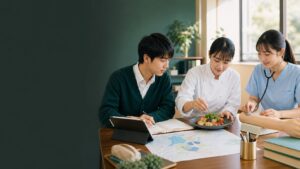 津山東高校の3学科をイメージし、探究学習、調理実習、看護実習に取り組む高校生