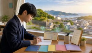 臼杵高校の2027年度入試ガイド。臼杵の海と城下町を望む学習室で、受験生が五教科・推薦面接・地域探究の準備をするイメージ