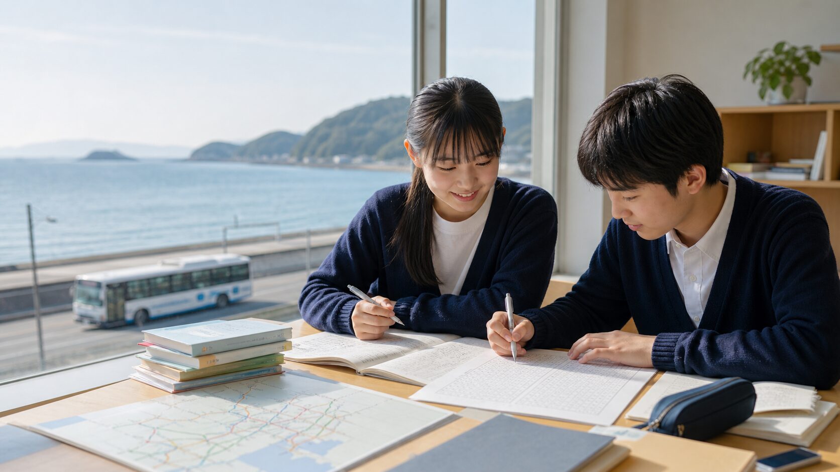 南知多の海と海っ子バスを望む机で、内海高校の五教科と400字作文を準備する二人の中学生