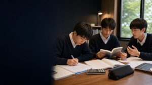 宇都宮高校の2027年度入試を想定し、5教科学習とグループ討論に取り組む男子中学生