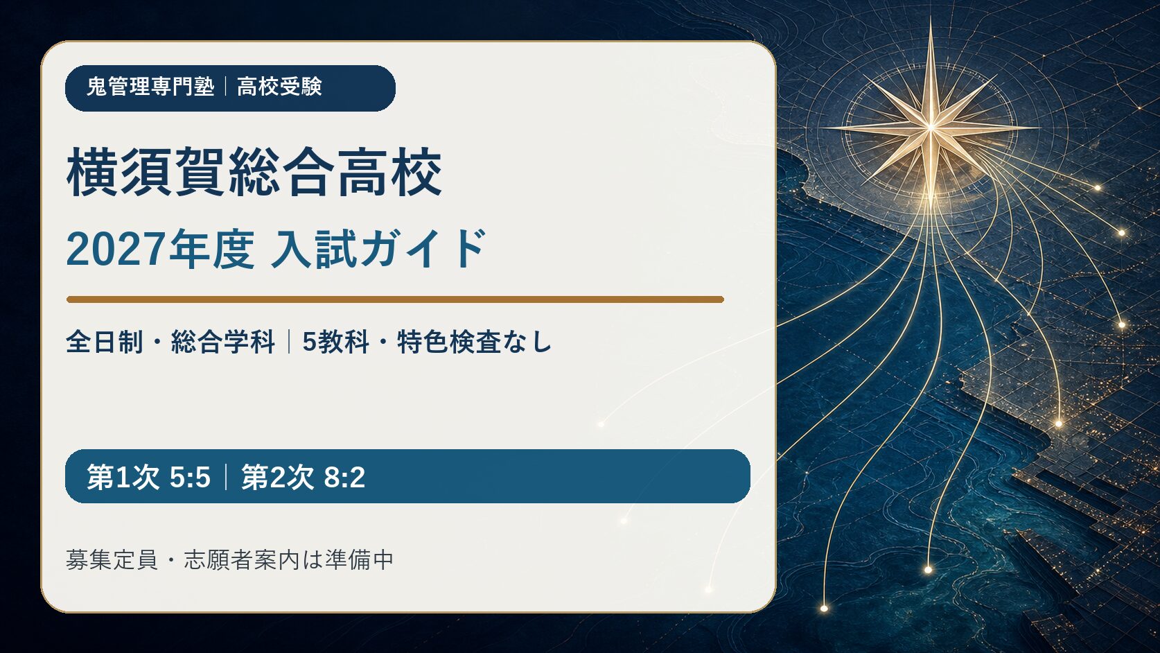 横須賀総合高校 2027年度全日制・総合学科入試ガイド。5教科、特色検査なし、第1次5:5、第2次8:2、募集定員・志願者案内は準備中