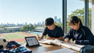 東京の緑豊かな運動施設を望む学習室で、教科書、学習計画、競技分析資料を広げ、都立駒場高校の普通科と保健体育科の受検対策に取り組む中学生