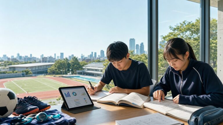 東京の緑豊かな運動施設を望む学習室で、教科書、学習計画、競技分析資料を広げ、都立駒場高校の普通科と保健体育科の受検対策に取り組む中学生