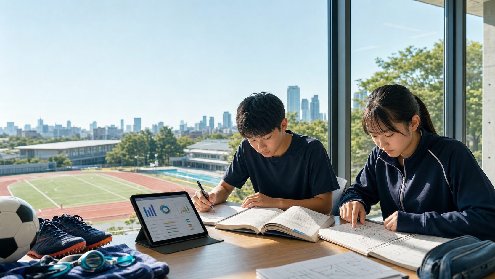 東京の緑豊かな運動施設を望む学習室で、教科書、学習計画、競技分析資料を広げ、都立駒場高校の普通科と保健体育科の受検対策に取り組む中学生