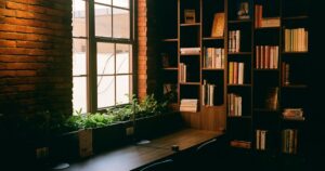 人物のいない窓辺の植物、本棚、木製カウンター。豊見城高校の2027入試と進路を調べる学習イメージ
